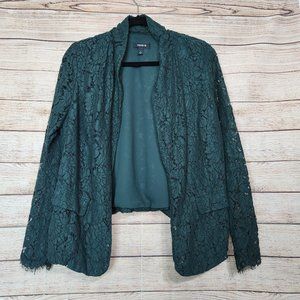 Torrid Blazer Women's Size 1 Dark Green Lace  Open Front Jacket Long Sleeve